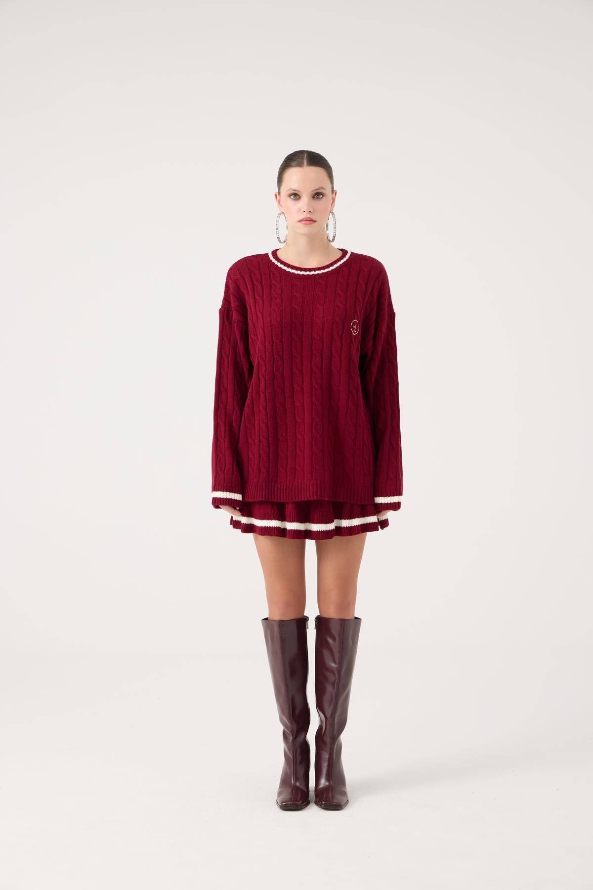 Logolu Örgü Desenli Oversize Triko Harold Kazak Bordo