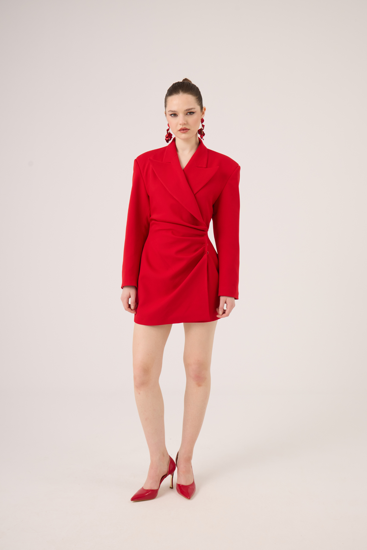 Heleni Blazer Jacket with Draped Waist, Red