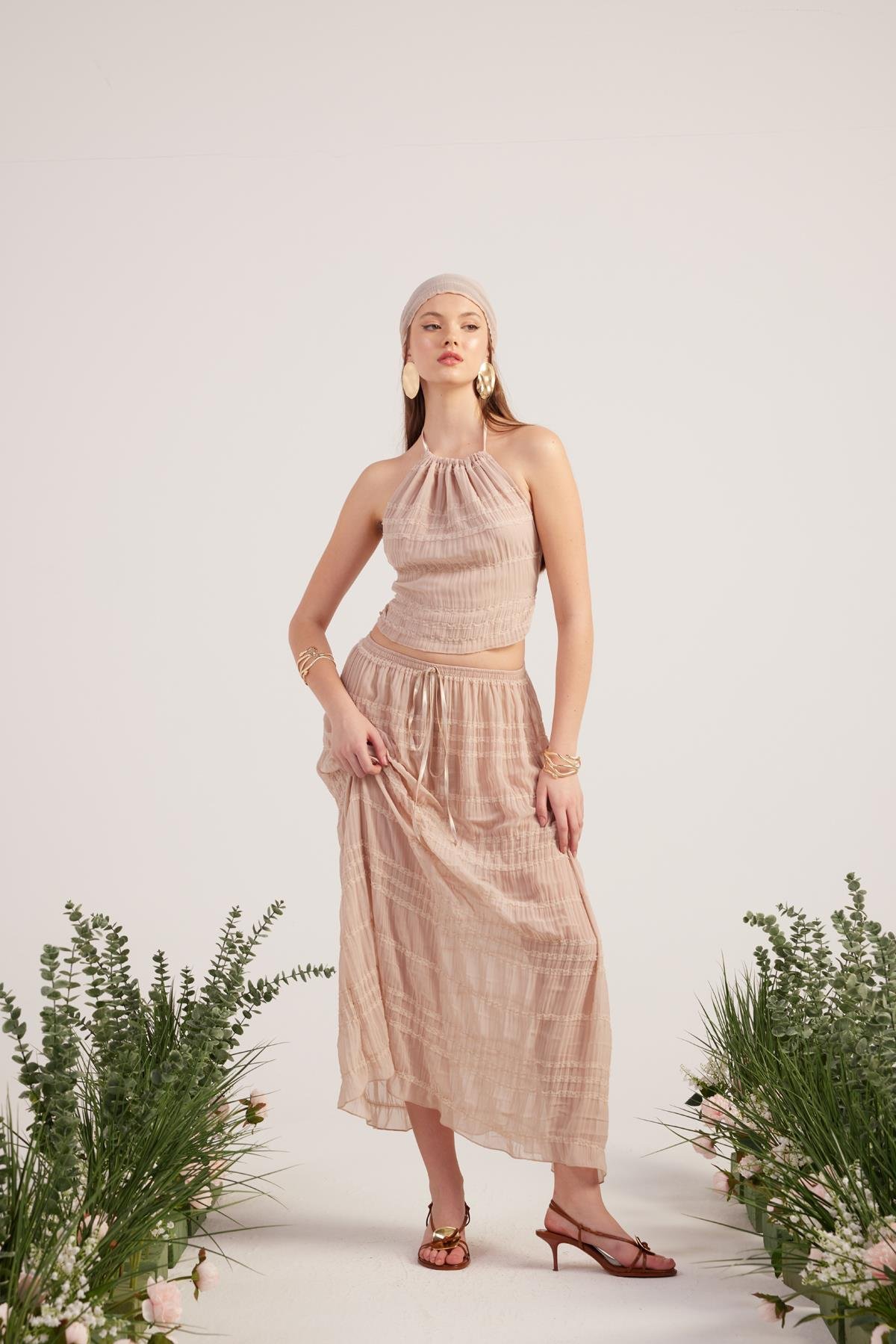 Şal Detaylı Etek Bluz Üçlü Bohemy Takım Bej