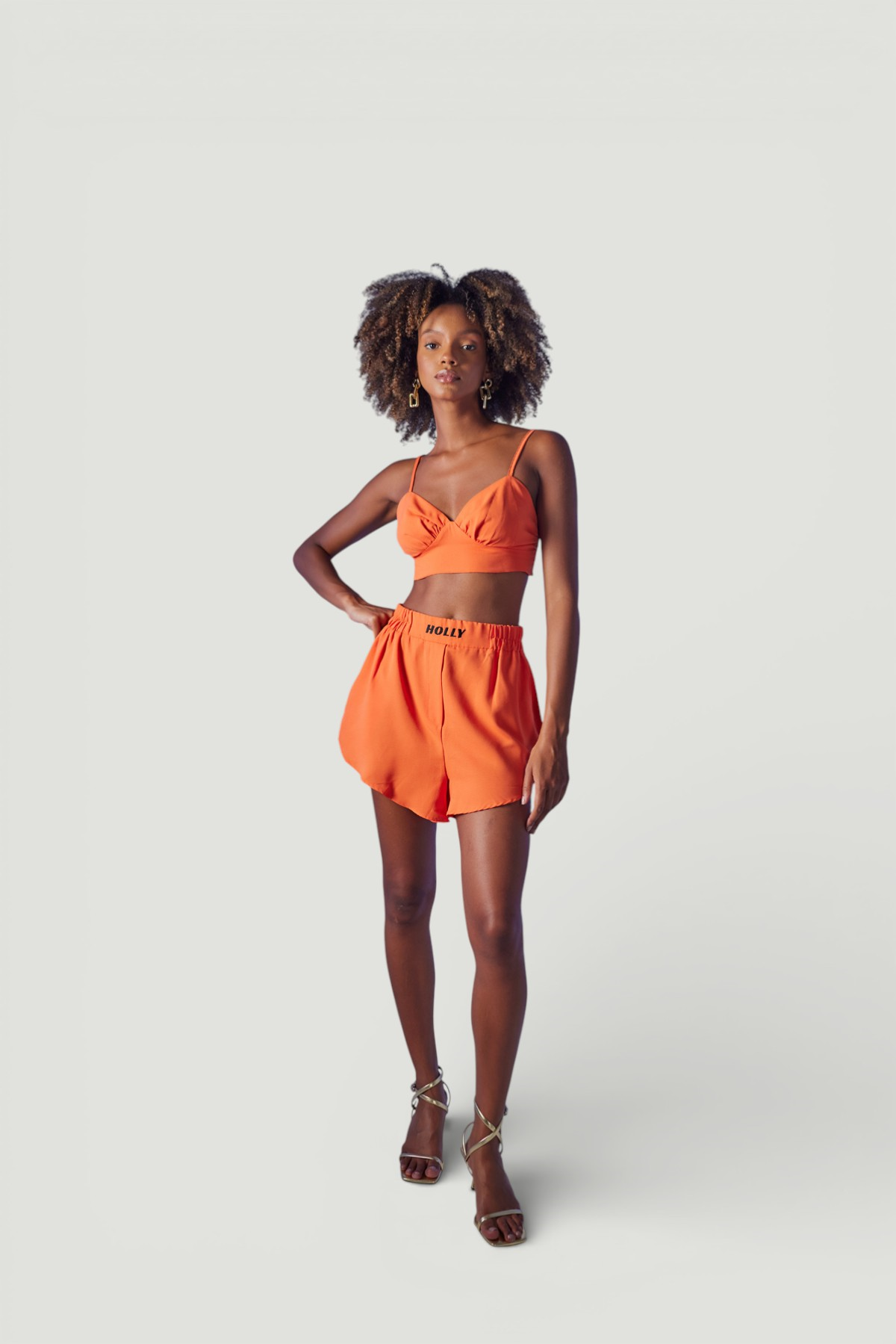 Yüksek Bel Lastikli Leti Şort Turuncu