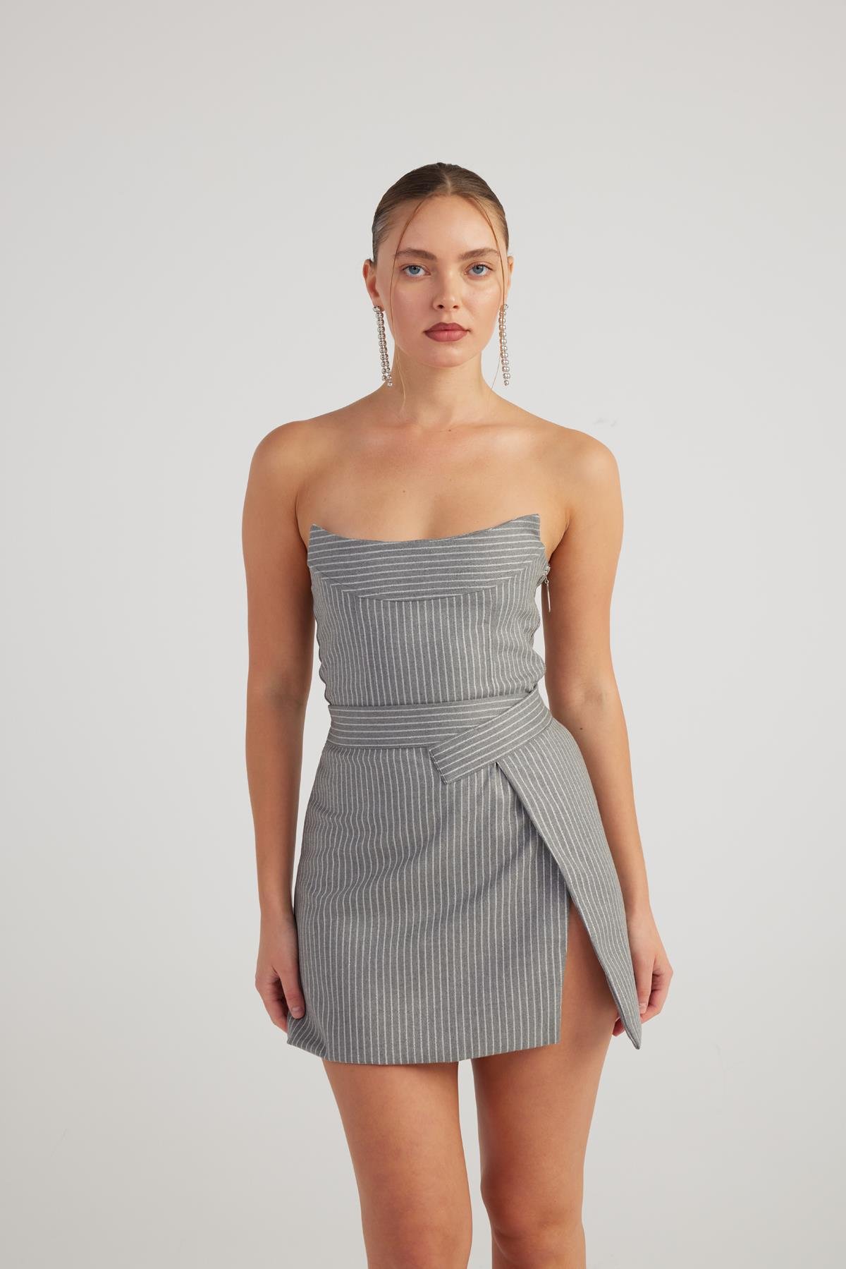 Simli Çizgili Crop Eden Büstiyer Gri