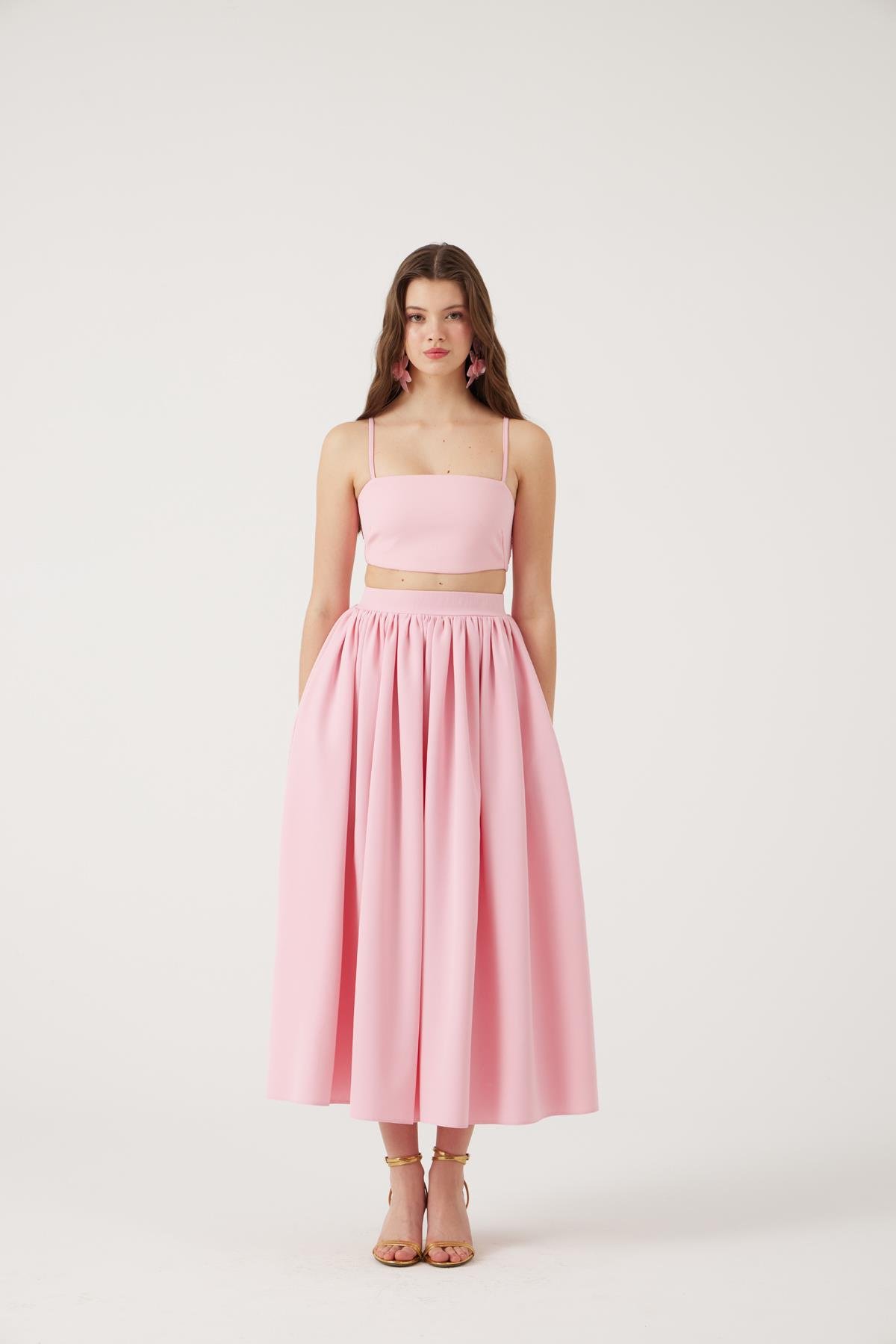 Cepli Uzun Etek ve Crop İkili Isabella Takım Pembe