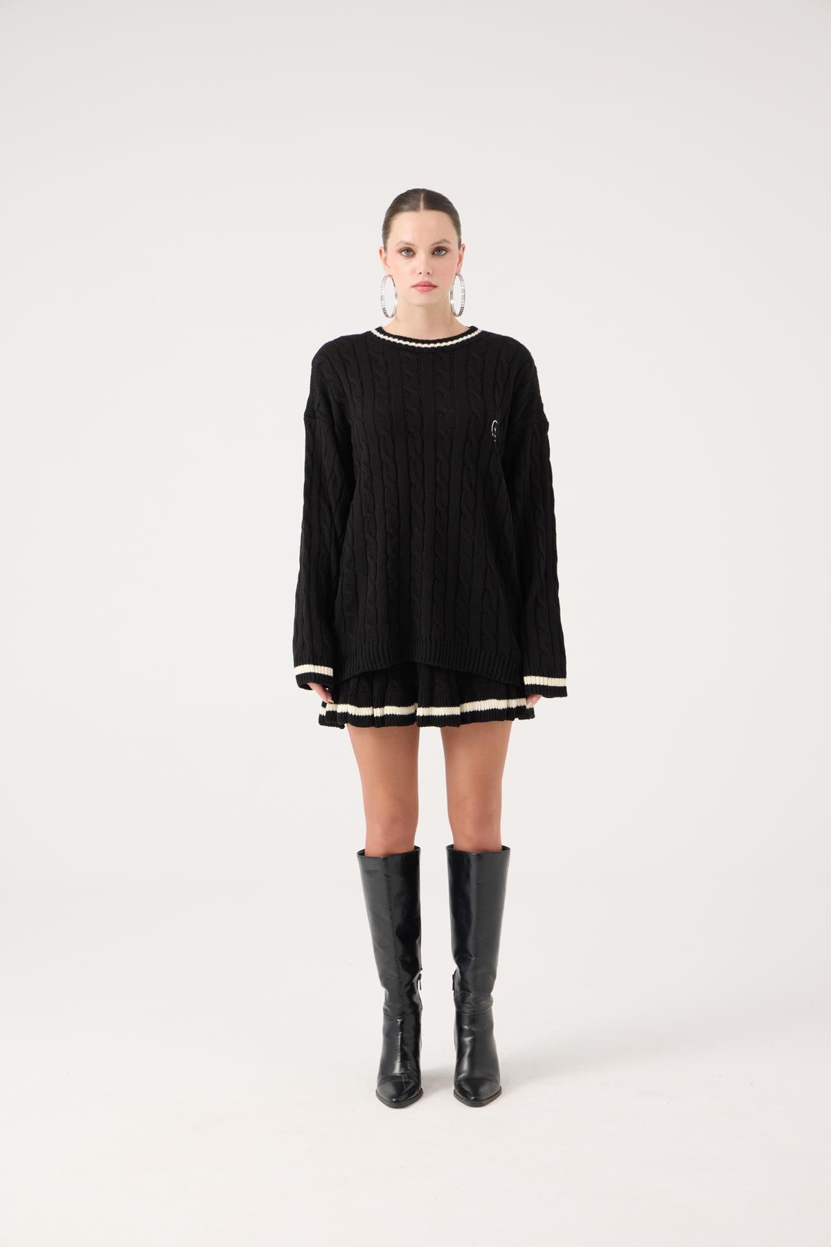 Logolu Örgü Desenli Oversize Triko Harold Kazak Siyah