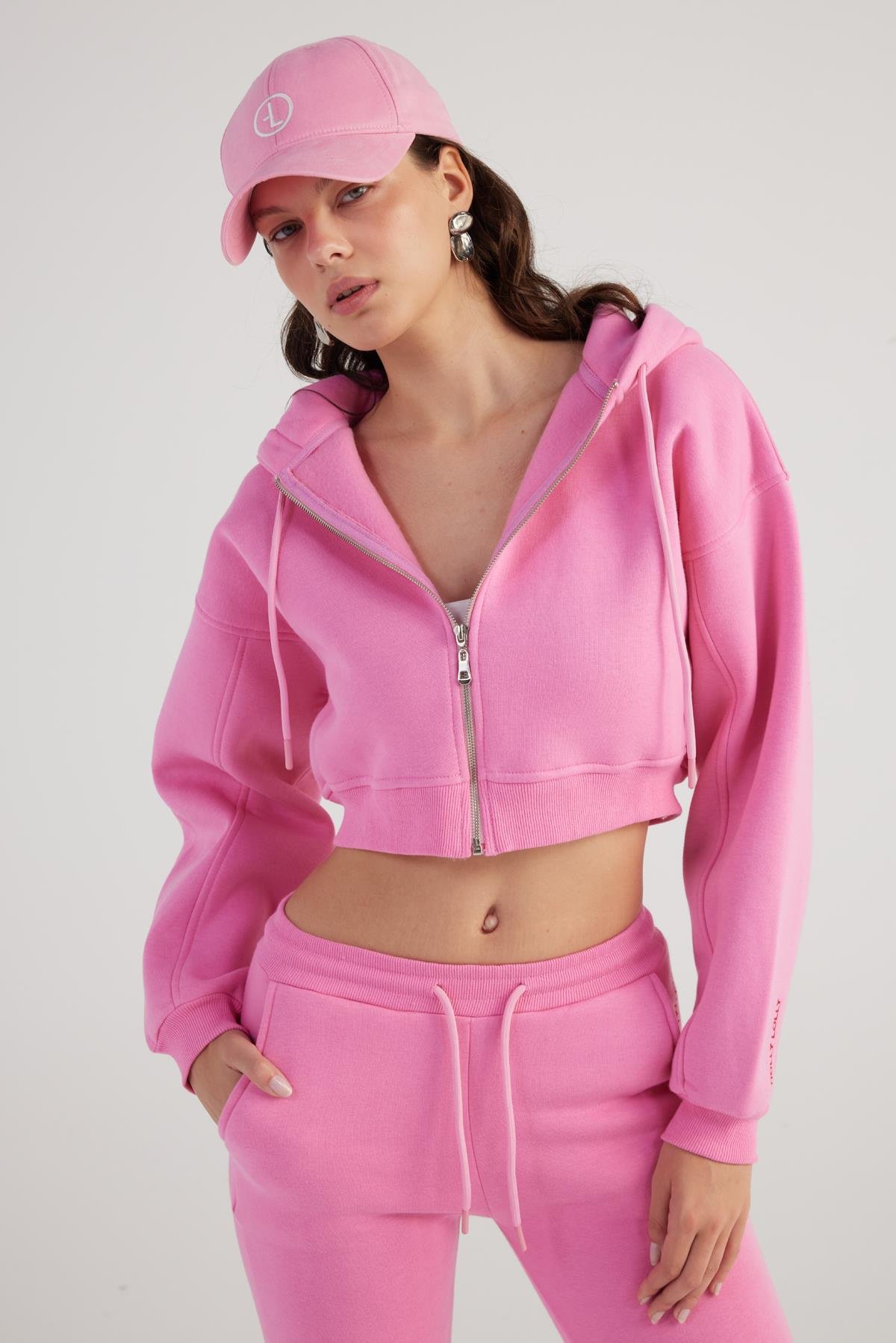 Kadın Pembe Kapüşonlu Uzun Kol Fermuarlı Crop Mixed Sweat