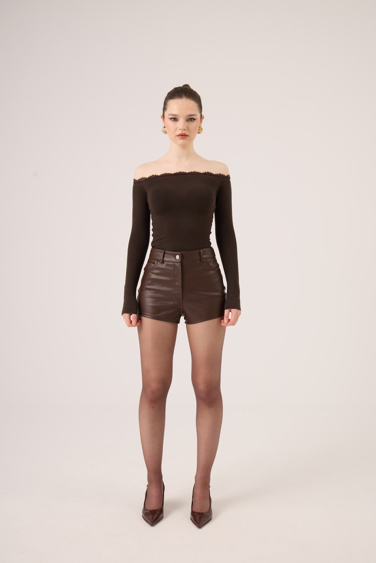 Madonna Neckline Lace Macy Cashmere Blouse, Brown