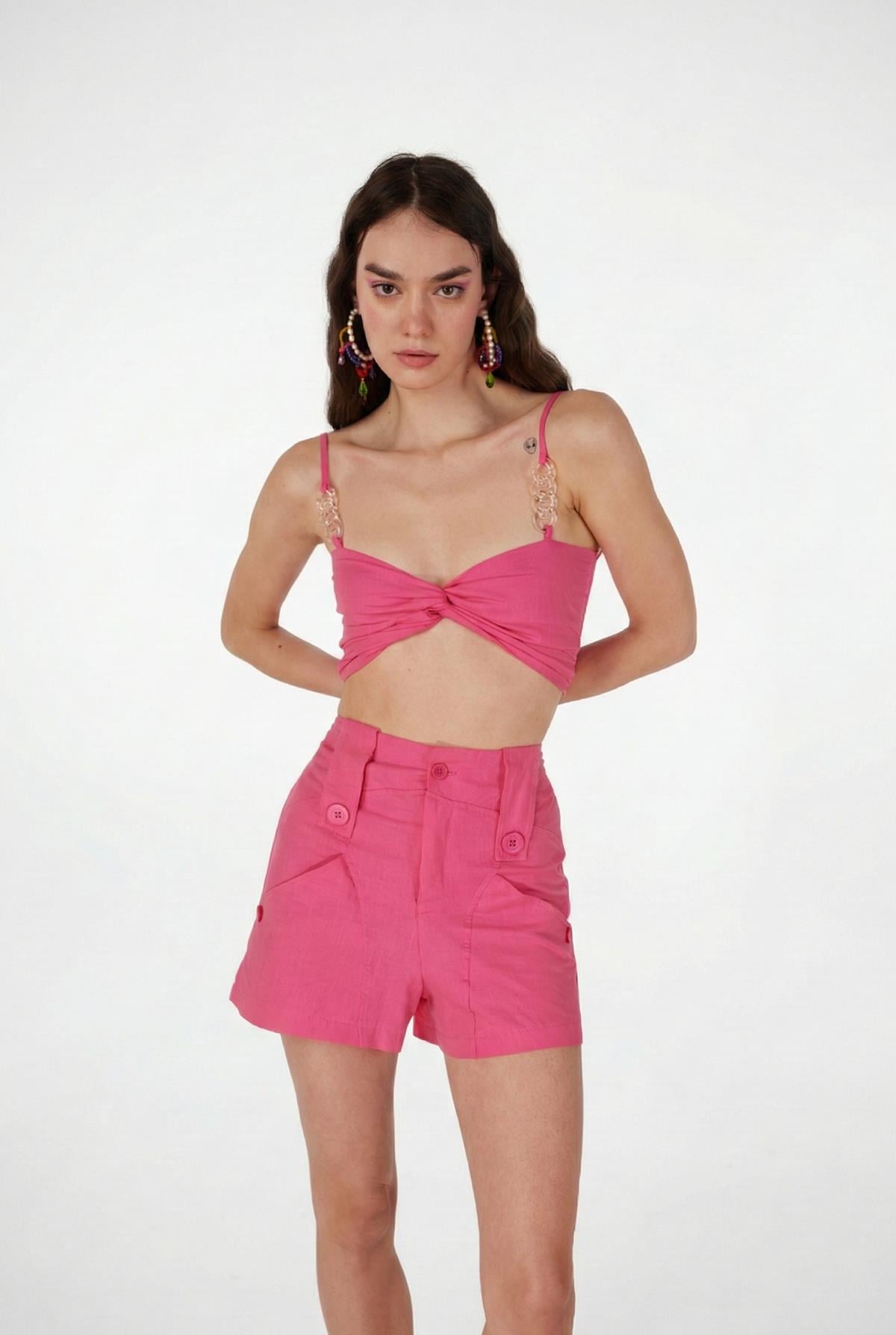 Koton Kumaş Şeffaf Rise Zincir Detaylı Bluz Pembe