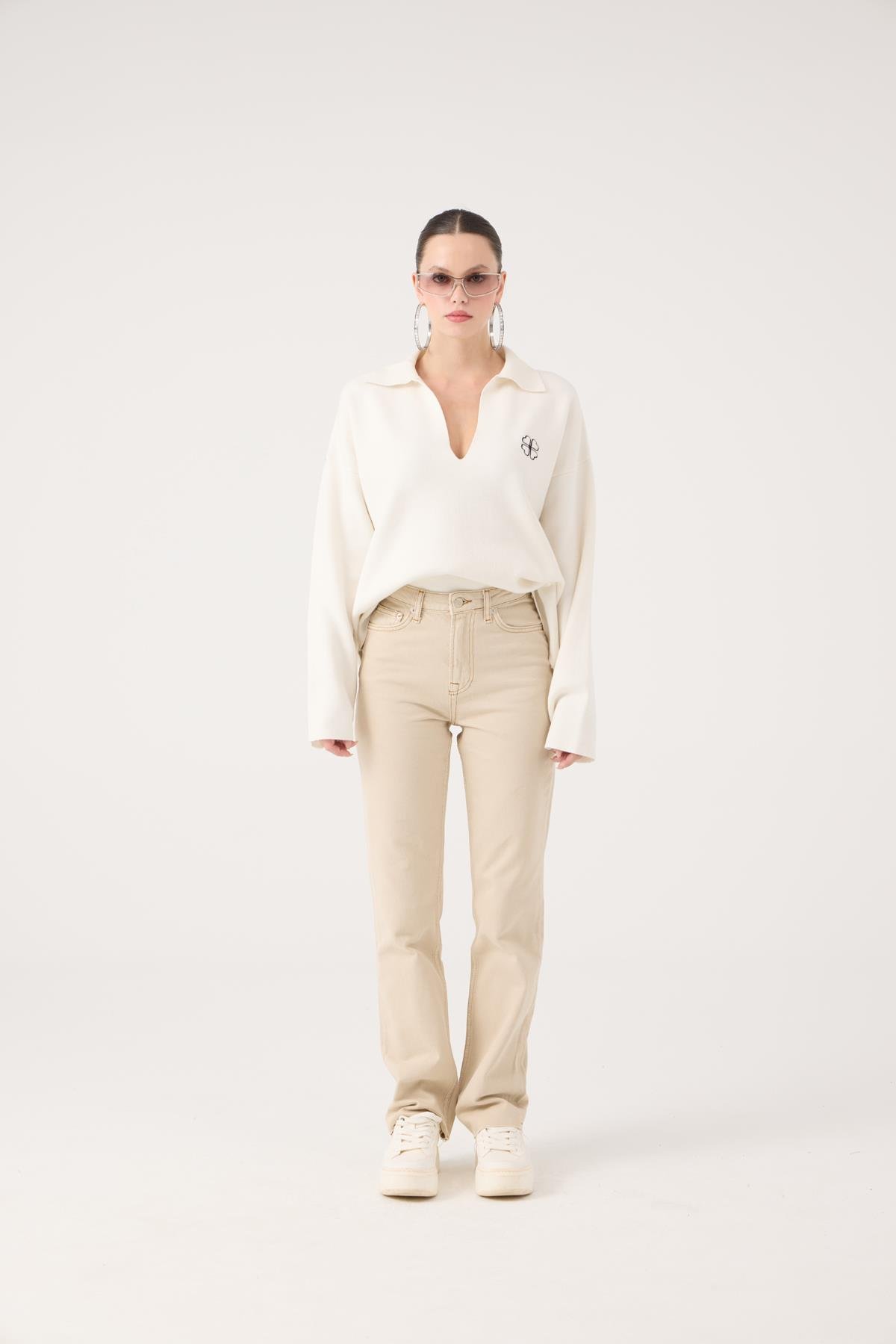 Yüksek Bel Straight Kesim Sagrado Jean Pantolon Bej