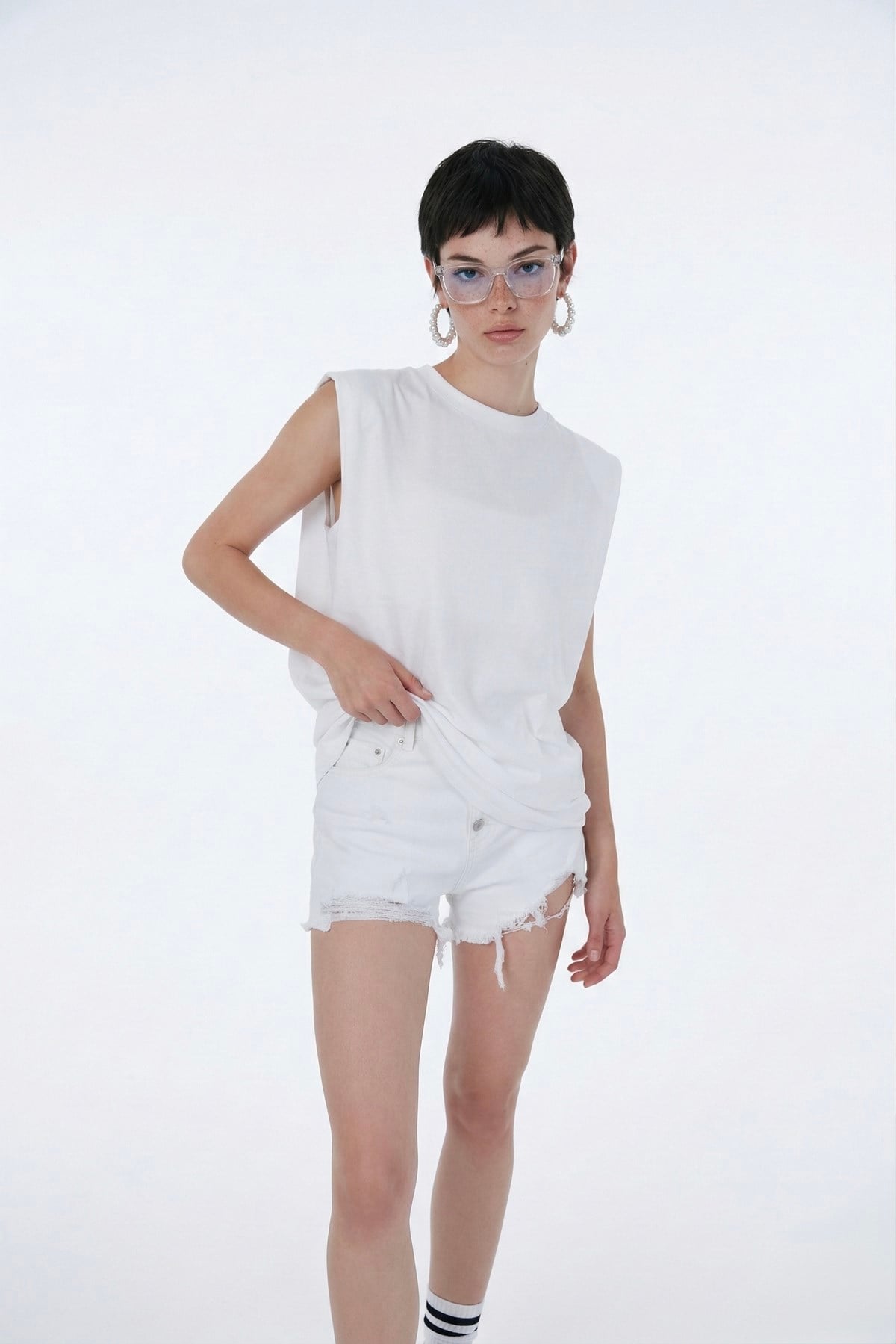 Pamuklu Unisex Kol Altı Açık Oversize Army Tshirt Beyaz