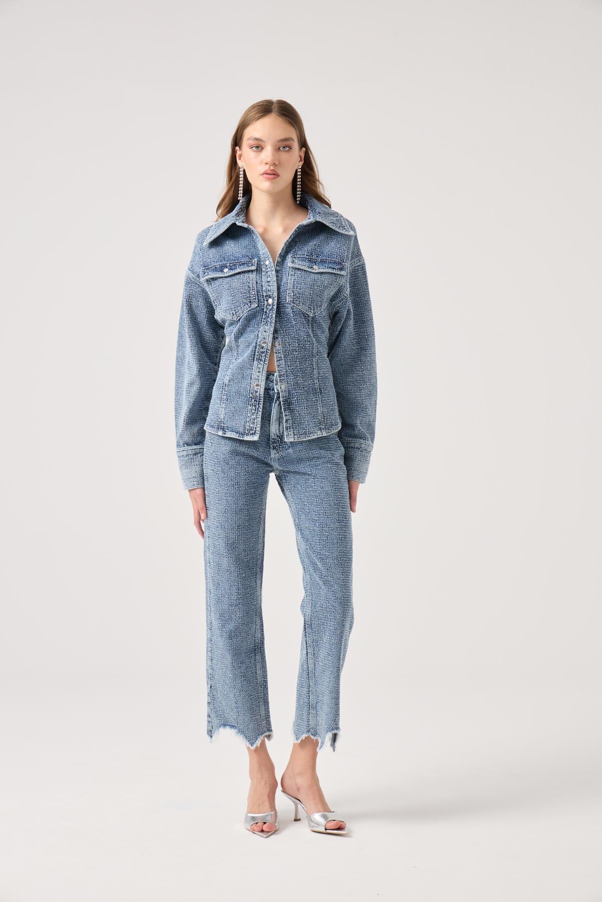 Özel Kumaş Efektli Laura Jean Pantolon Mavi