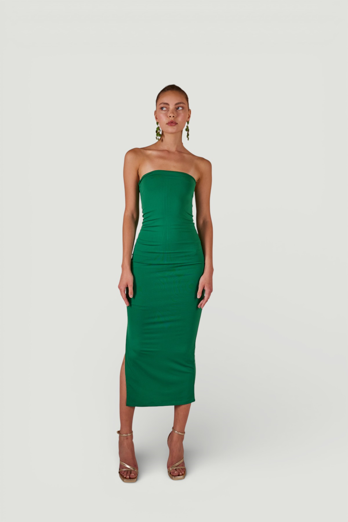 Yırtmaçlı Straplez Midi Bodycon Elbise Yeşil