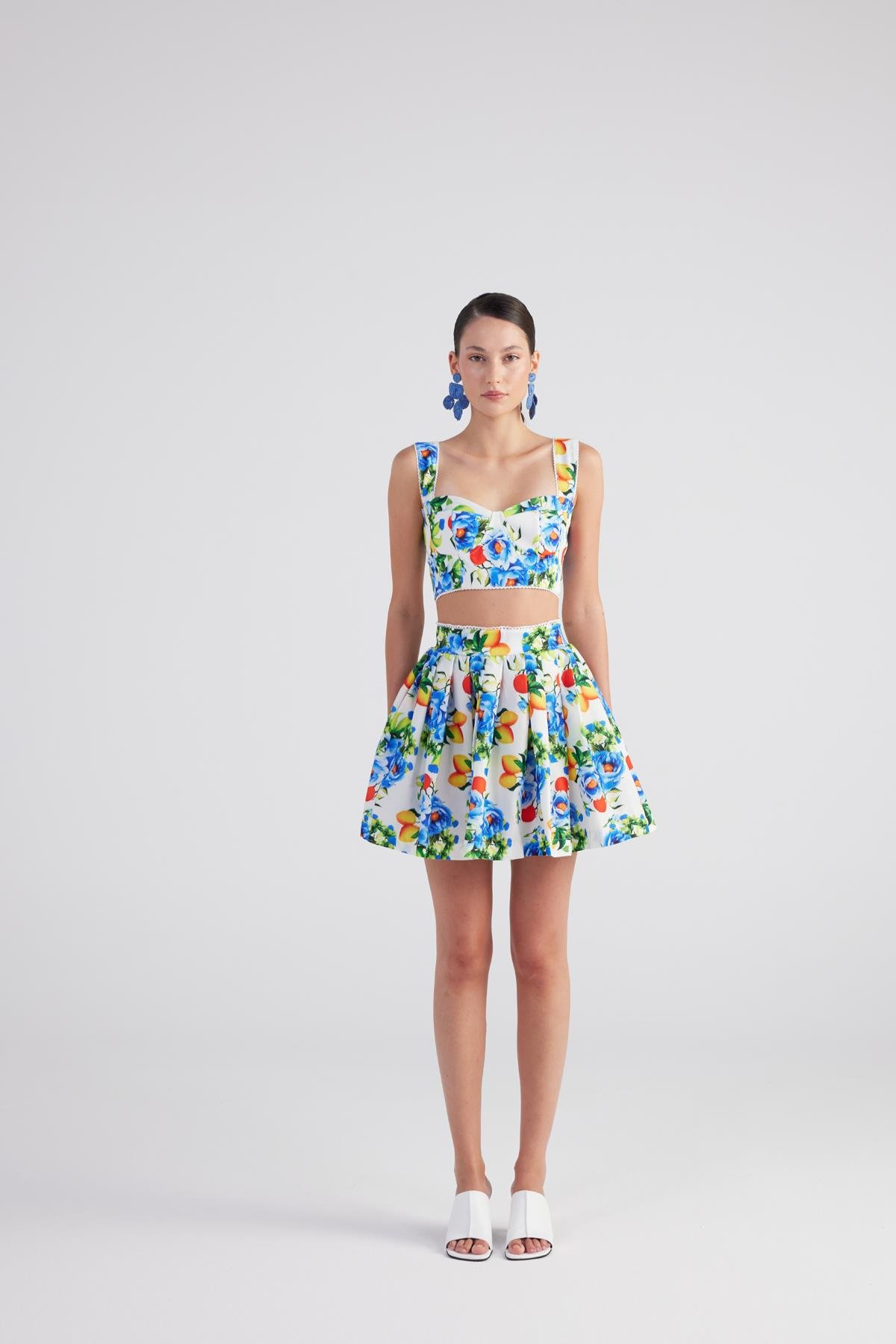 Desenli Cepli Mini Ravello Etek Mavi