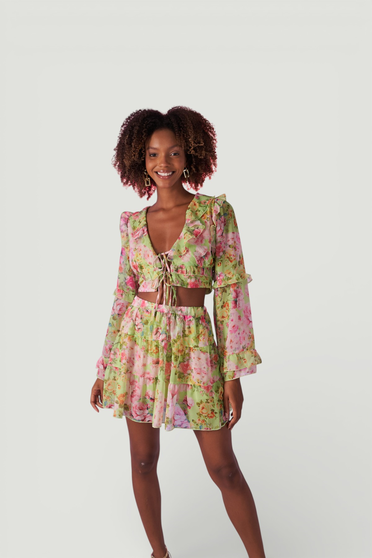 Çiçek Desenli Lastikli Yüksek Bel Mini Flora Etek Yeşil