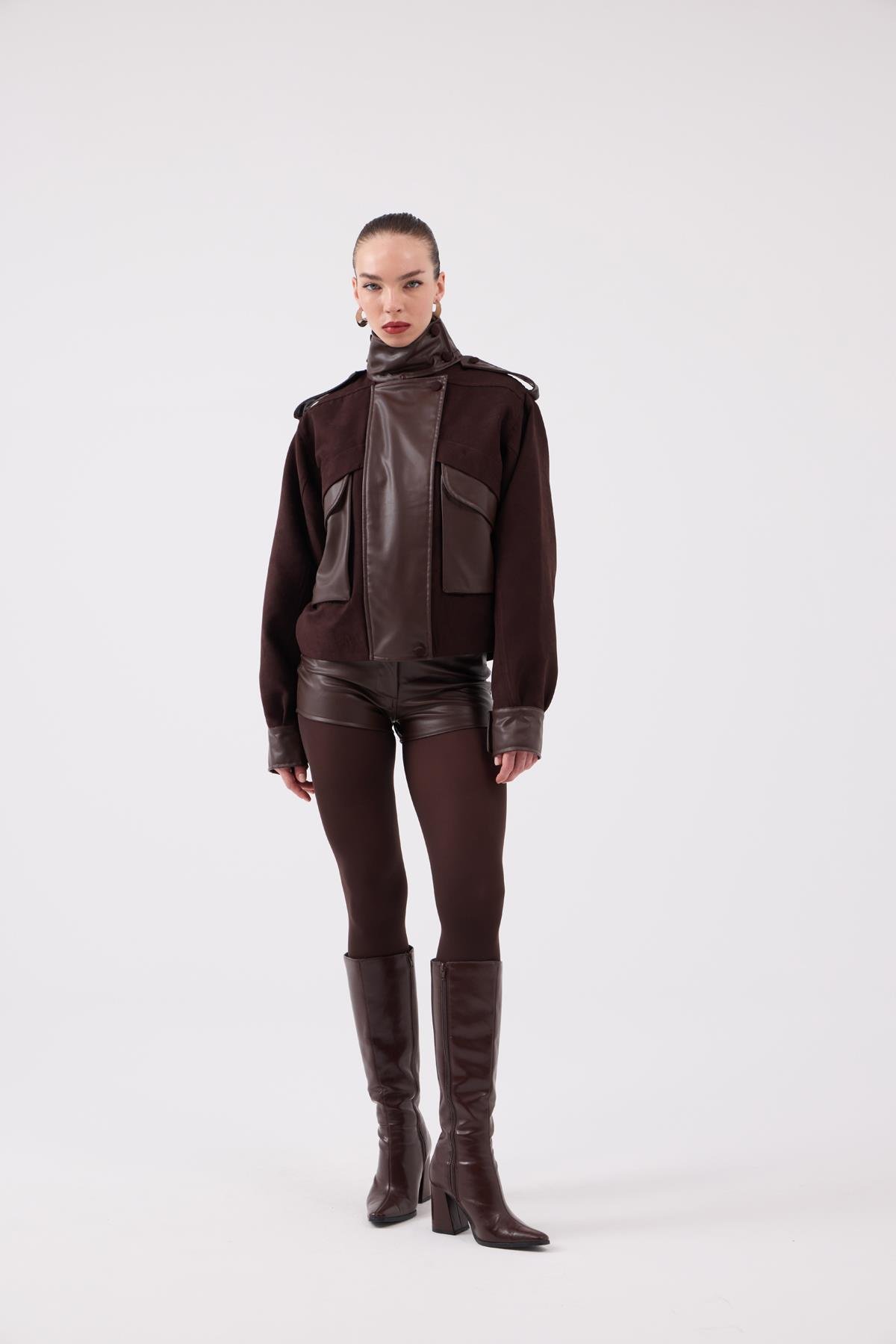 Lina Suede Jacket with Stand-Up Collar and Leather Details, Brown