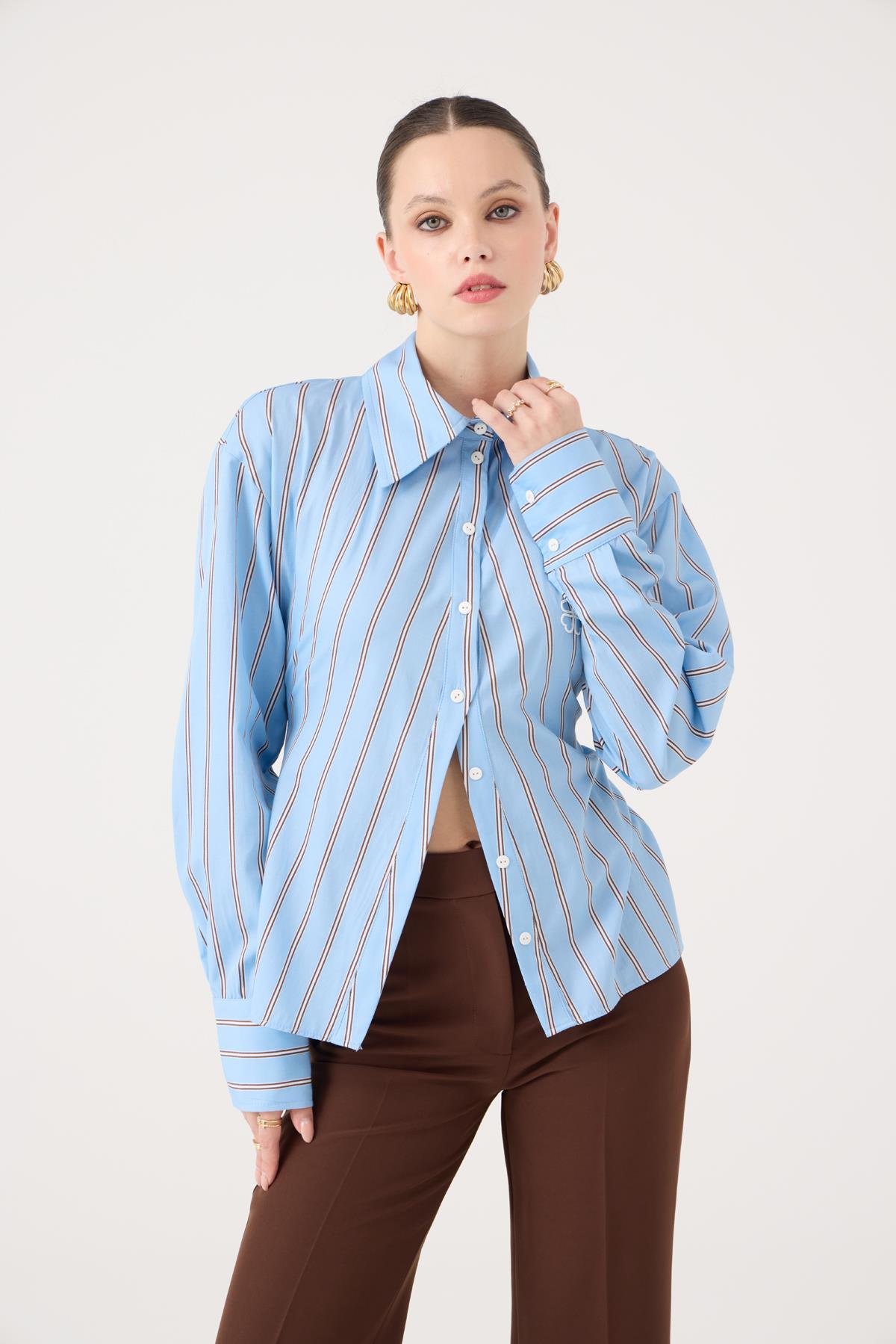 Çizgili Belden Oturmalı Betty Gömlek Mavi
