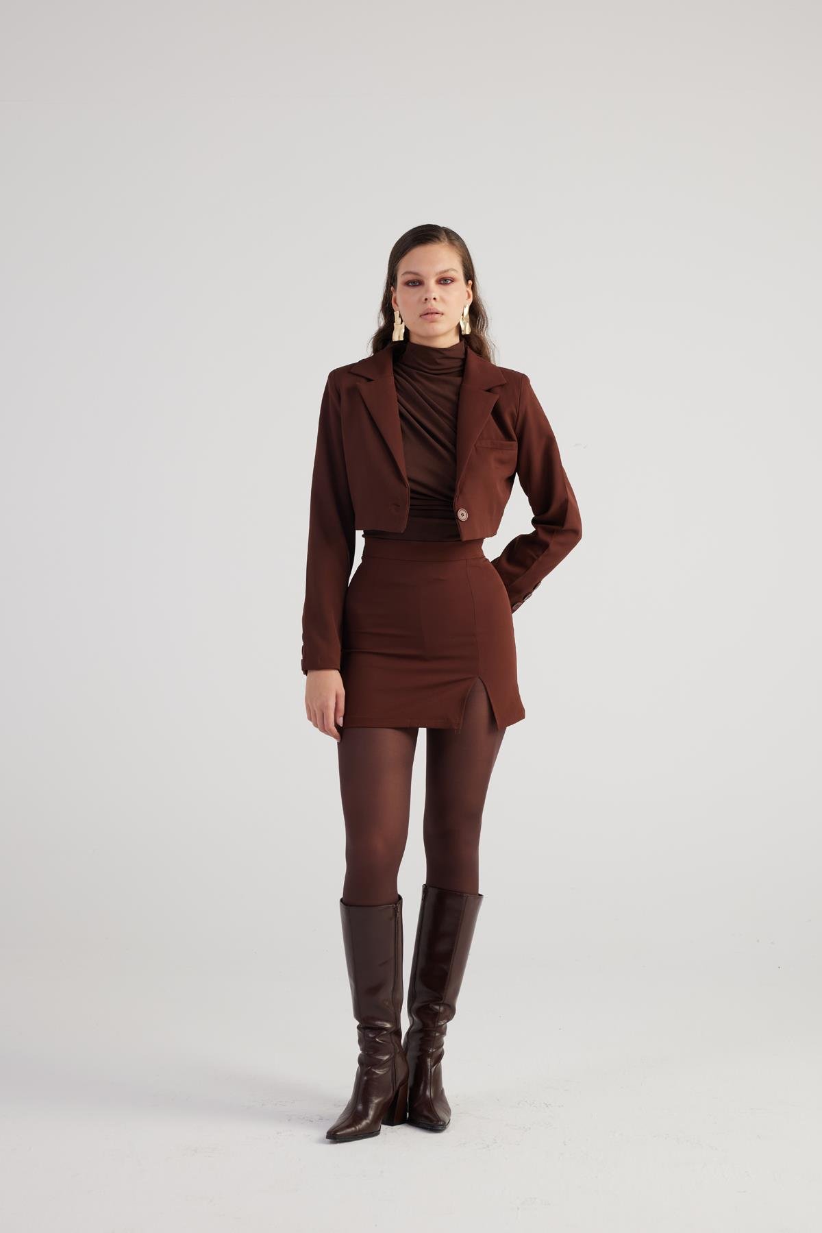 Yırtmaçlı Mini Panky Etek Kahve