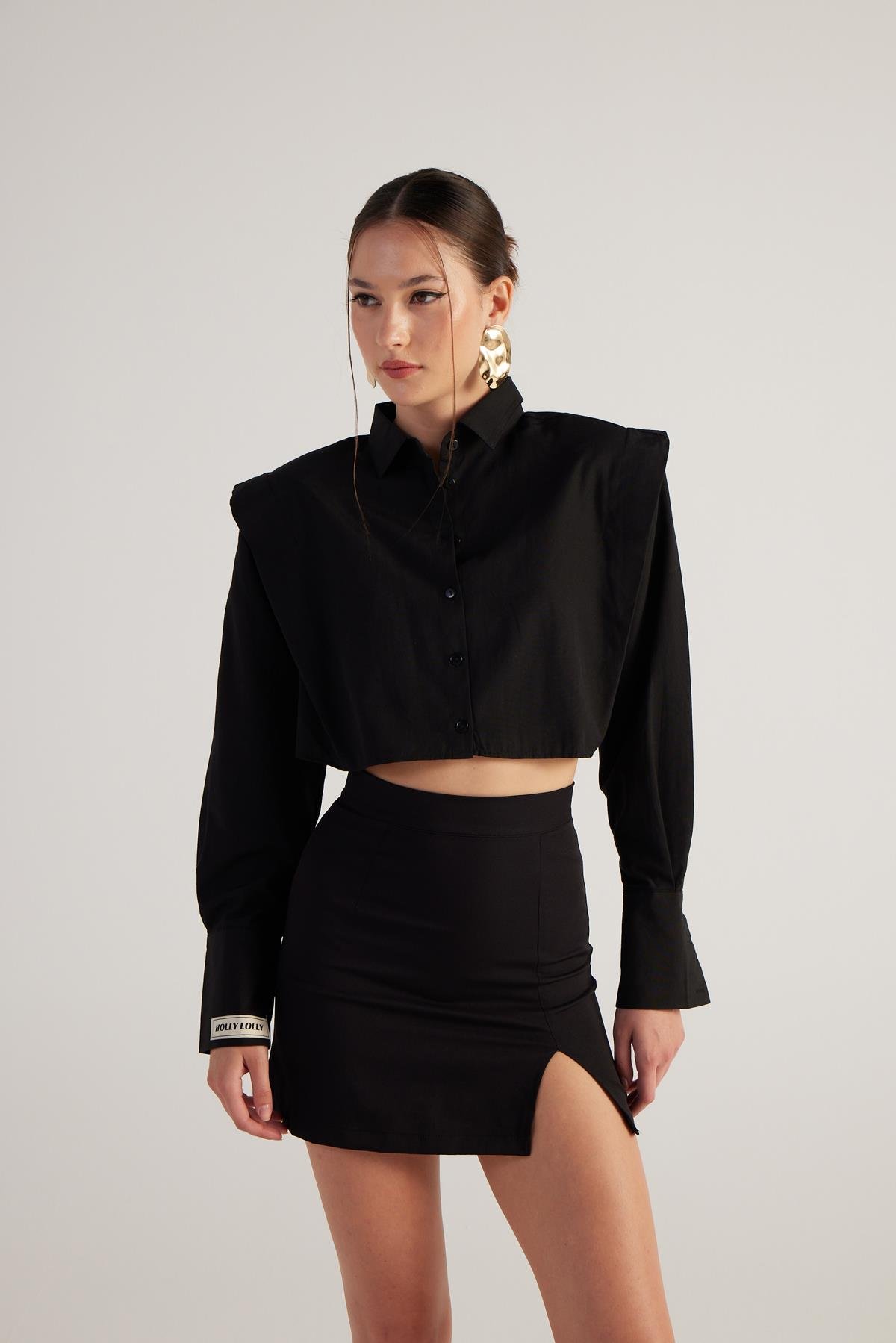 Vatkalı Poplin Tria Crop Gömlek Siyah