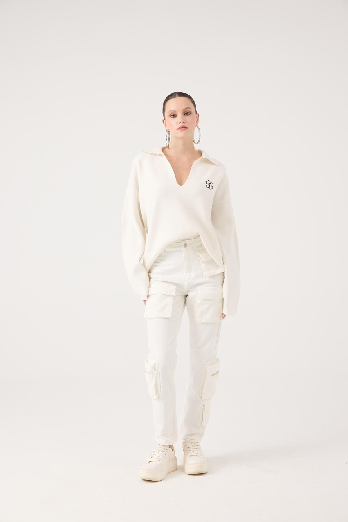 Yüksek Bel, Kargo Cepli Serenity Jean Pantolon Beyaz