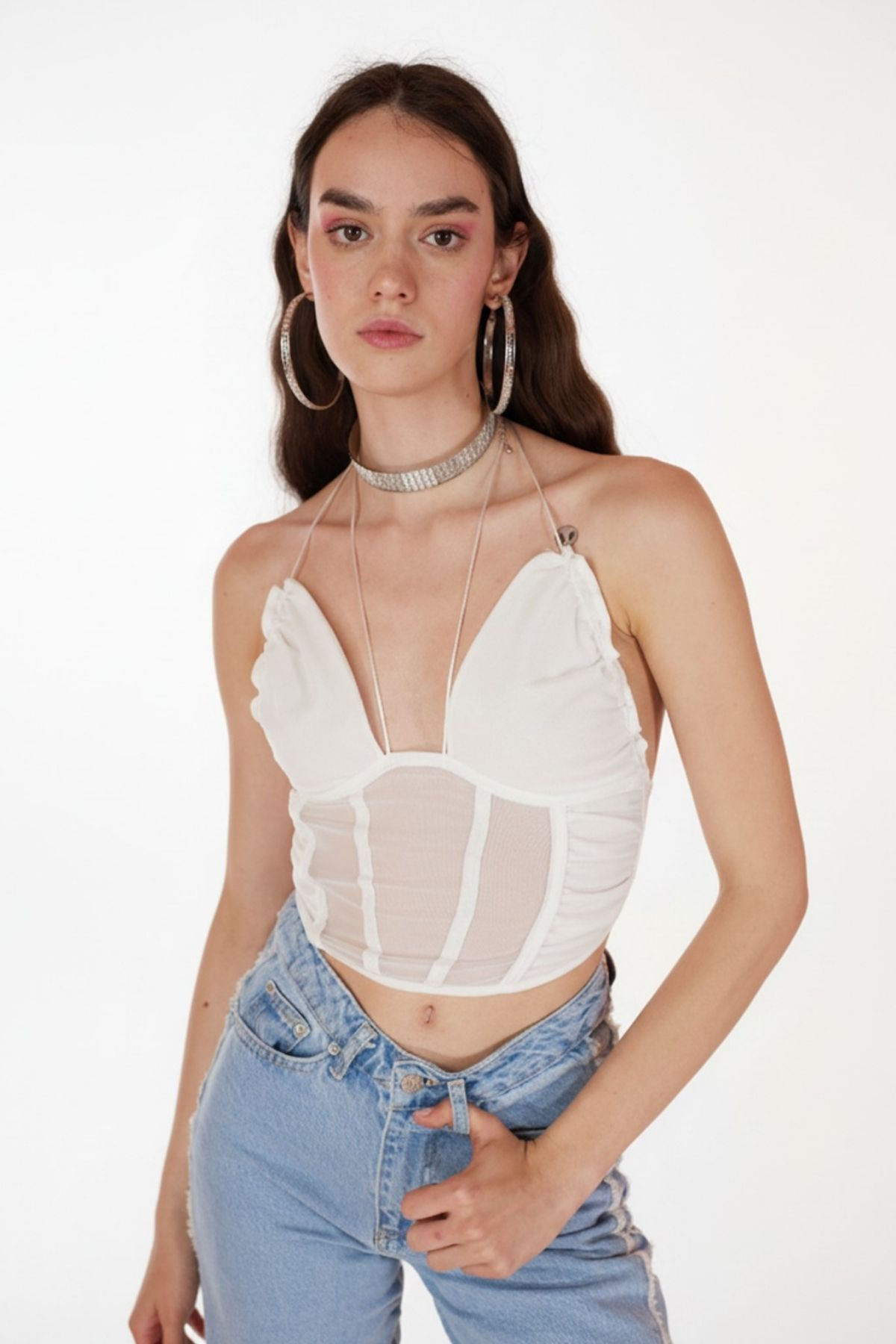 İp Bağlamalı Tül Sasha Bluz Beyaz