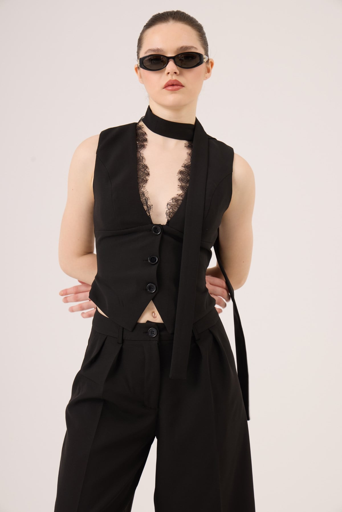 Nina Vest with Scarf Detail and Lace Trim, Black