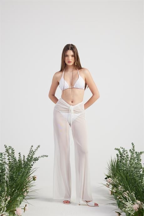 Shirred Pareo Pantolon Beyaz
