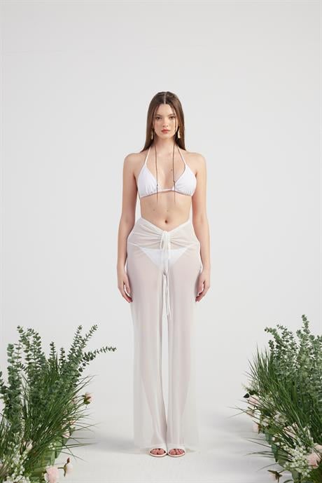Shirred Pareo Pantolon Beyaz