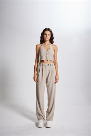 Striped Pantolon Bej