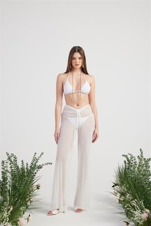 Shirred Pareo Pantolon Beyaz