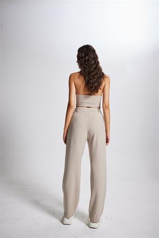 Striped Pantolon Bej