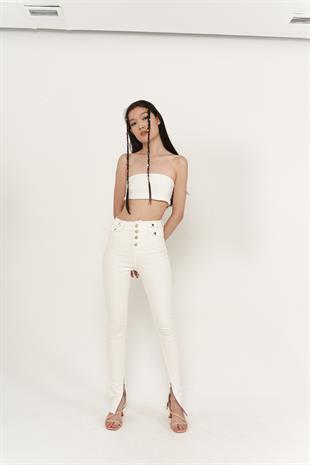 Split Jean Pantolon Beyaz