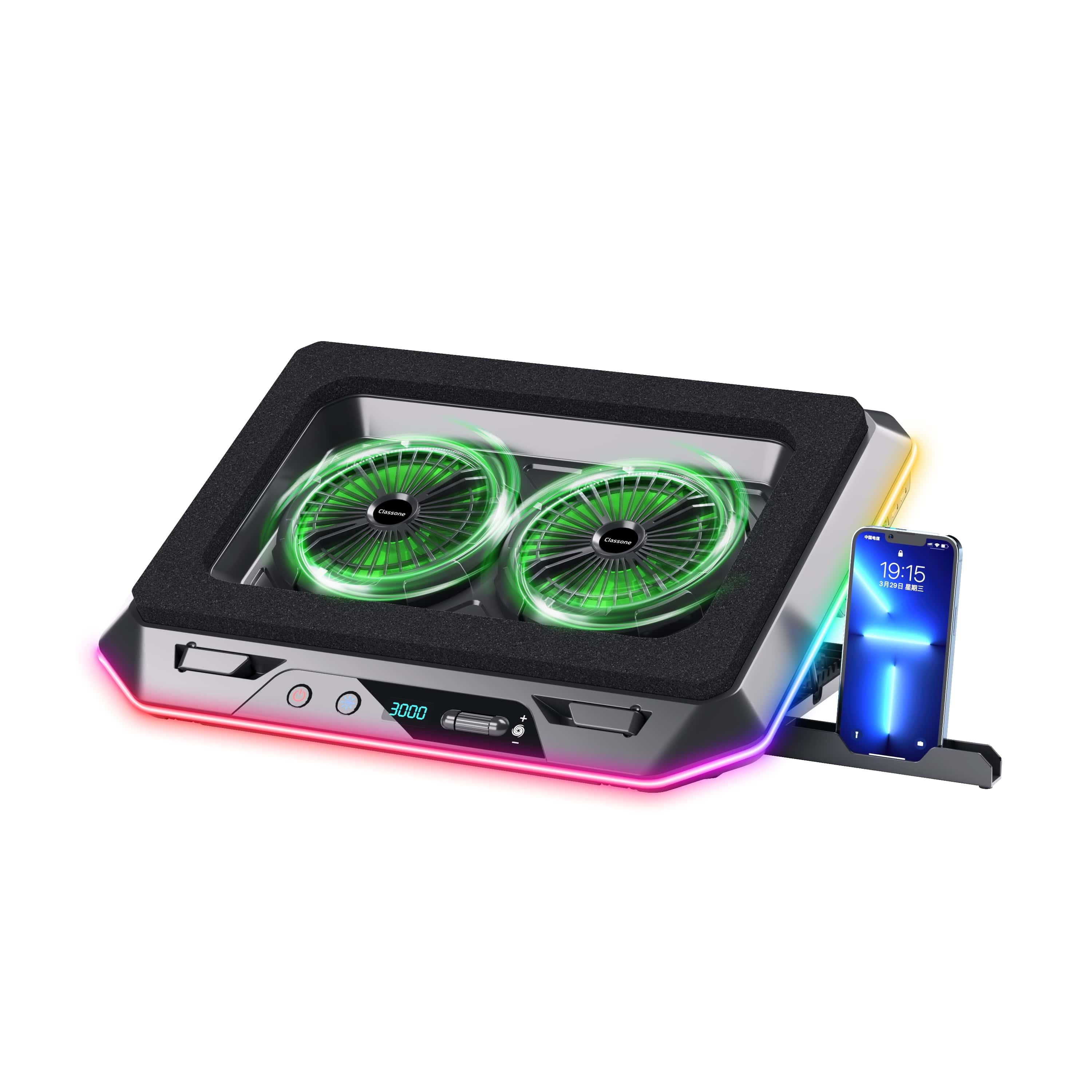 Classone Gaming GT200 Laptop Soğutucu Notebook Stand,3000 RPM, 10 RGB ışık kontrolü , 15.6 -17 inch , Hız kontrolü , 2 Büyük fan ,Telefon standı, 1 TYPE C Usb, 1 Usb