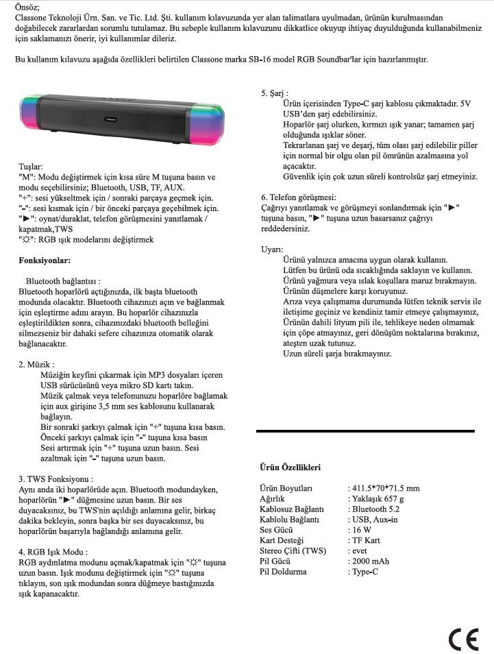 Classone Soundbar SB-16 serisi ,RGB Işıklı Bluetooth Hoparlör
