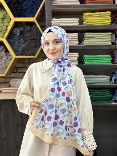 Lale Desenli Şal Bej Mor