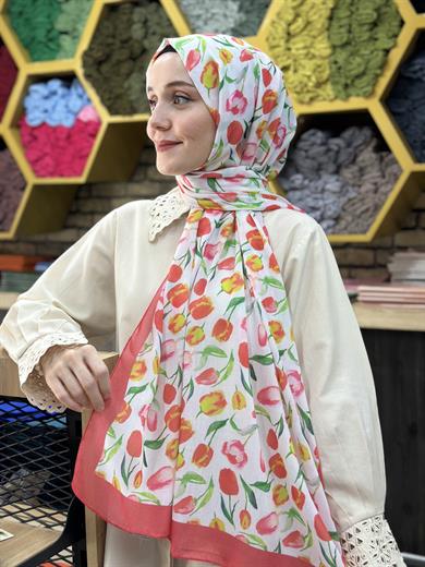 Lale Desenli Şal Fuşya