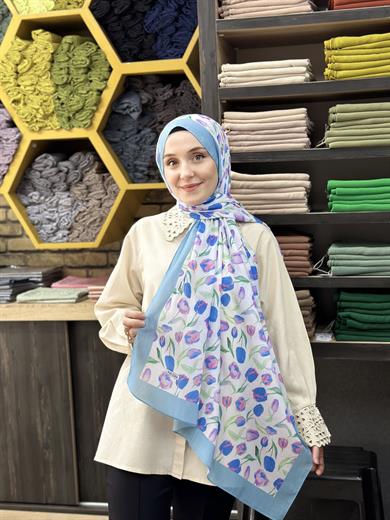 Lale Desenli Şal Kot Mavisi
