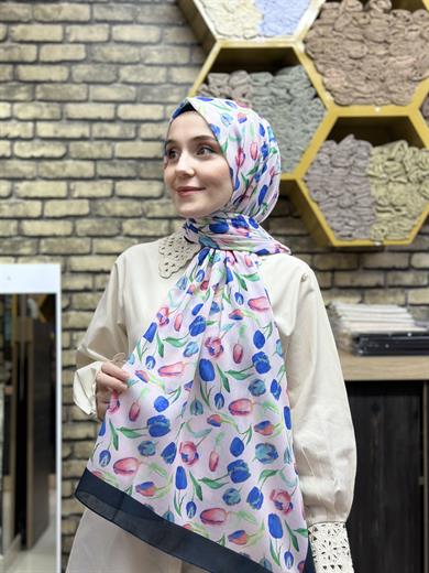 Lale Desenli Şal Lacivert