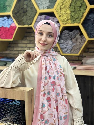  Lale Desenli Şal Pembe