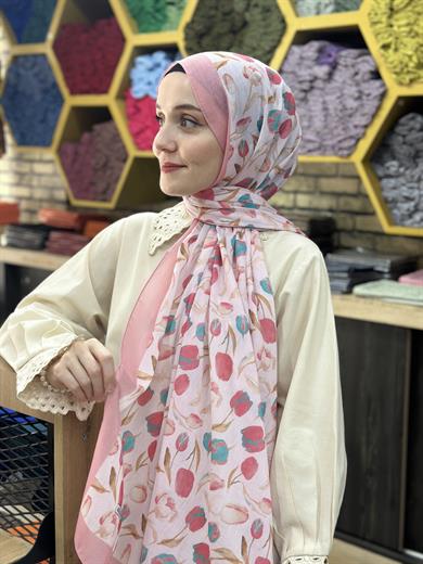  Lale Desenli Şal Pembe