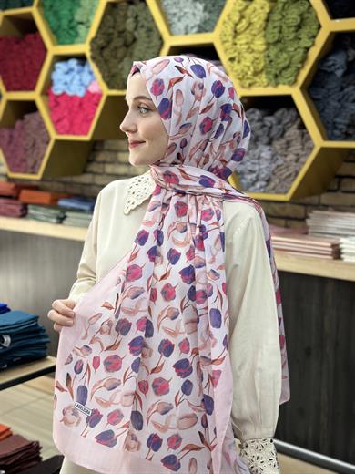 Lale Desenli Şal Pudra