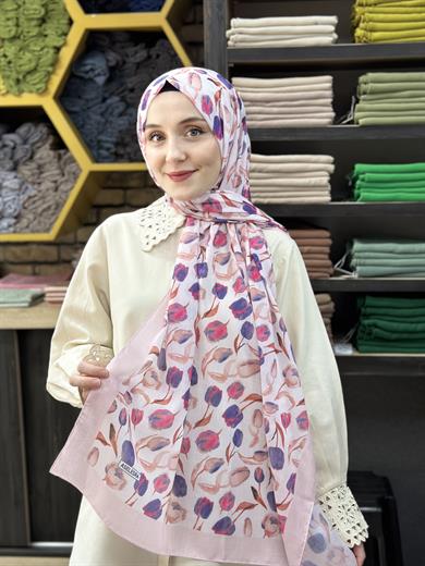 Lale Desenli Şal Pudra