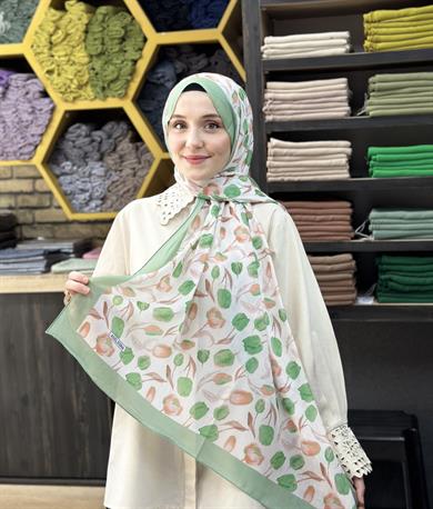Lale Desenli Şal Su Yeşili