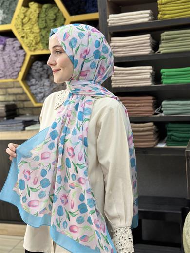  Lale Desenli Şal Turkuaz