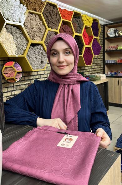 Petek Desen İpekli Jakar Eşarp Gül Kurusu