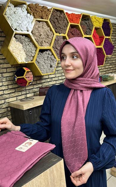 Petek Desen İpekli Jakar Eşarp Gül Kurusu