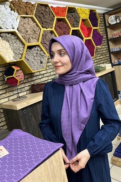 Petek Desen İpekli Jakar Eşarp Mor