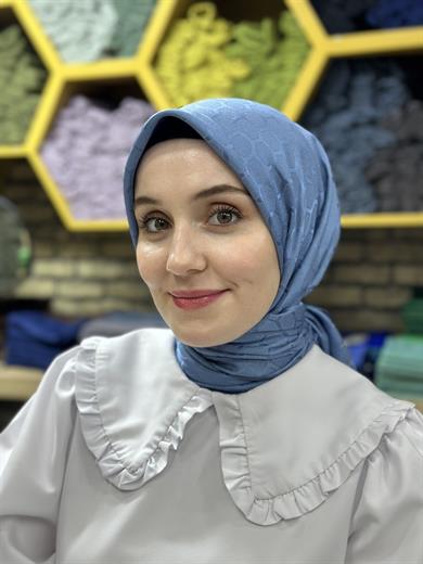 Petek Desen İpekli Jakar Eşarp Kot Mavisi