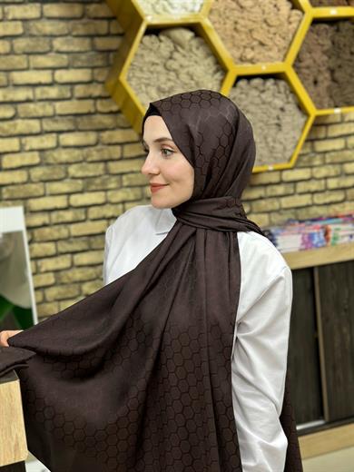 Petek Desen İpekli Jakar Şal Acı Kahve