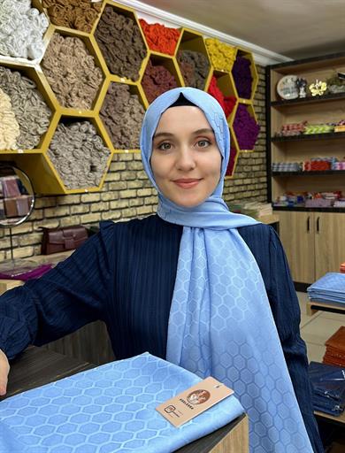 Petek Desen İpekli Jakar Şal Bebe Mavisi