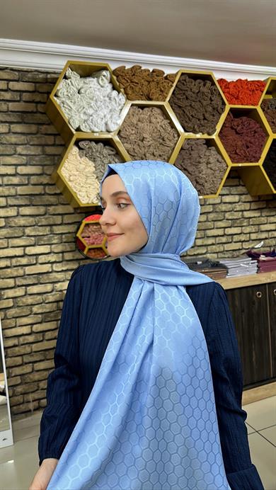 Petek Desen İpekli Jakar Şal Bebe Mavisi