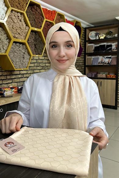 Petek Desen İpekli Jakar Şal Bej