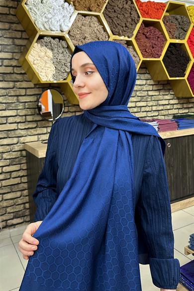 Petek Desen İpekli Jakar Şal Canlı Lacivert